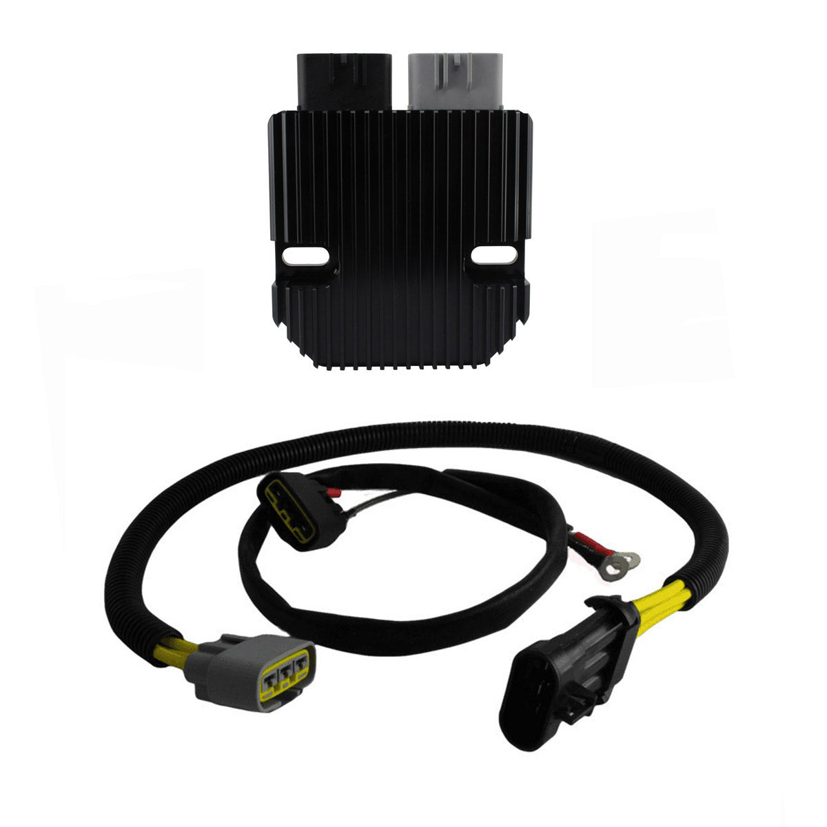 Black rectangular voltage regulator with cooling fins and two-slot mounting holes, paired with a black wiring harness.