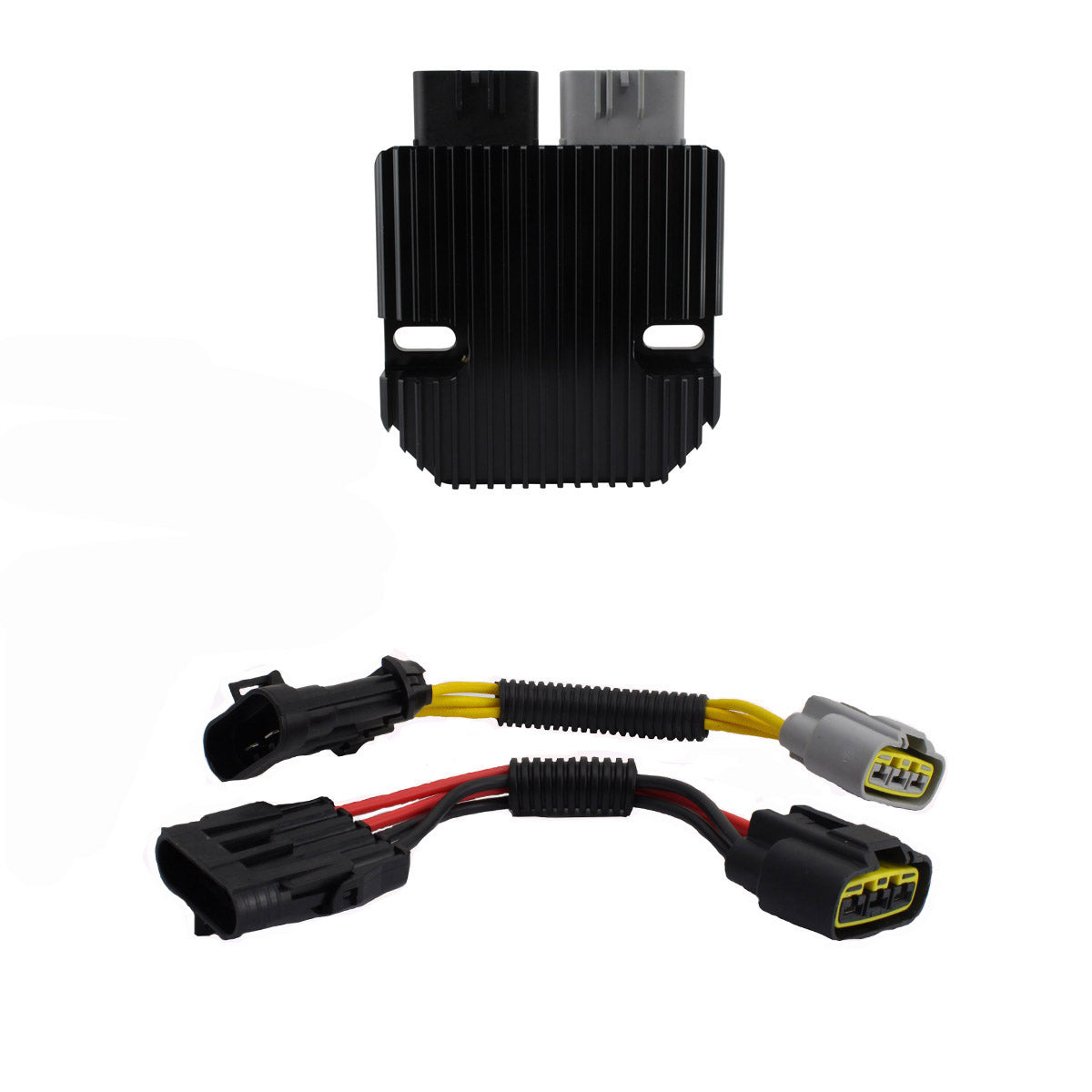 Black rectangular voltage regulator with cooling fins and two attached wiring harnesses with yellow, red, and black wires.