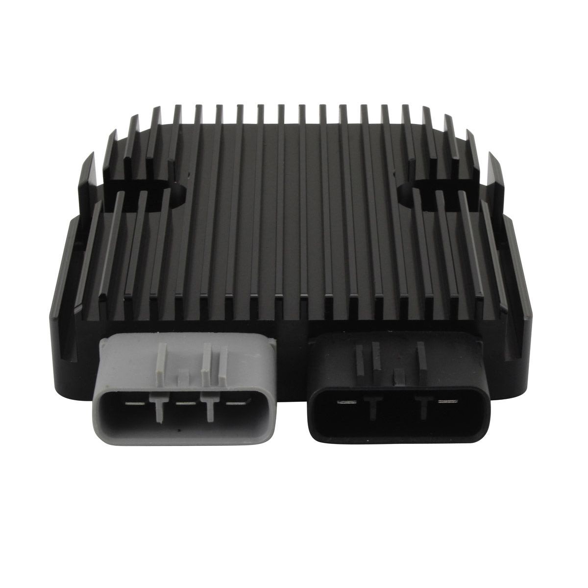 Black rectangular voltage regulator with vertical cooling fins and two multi-pin connectors at base.