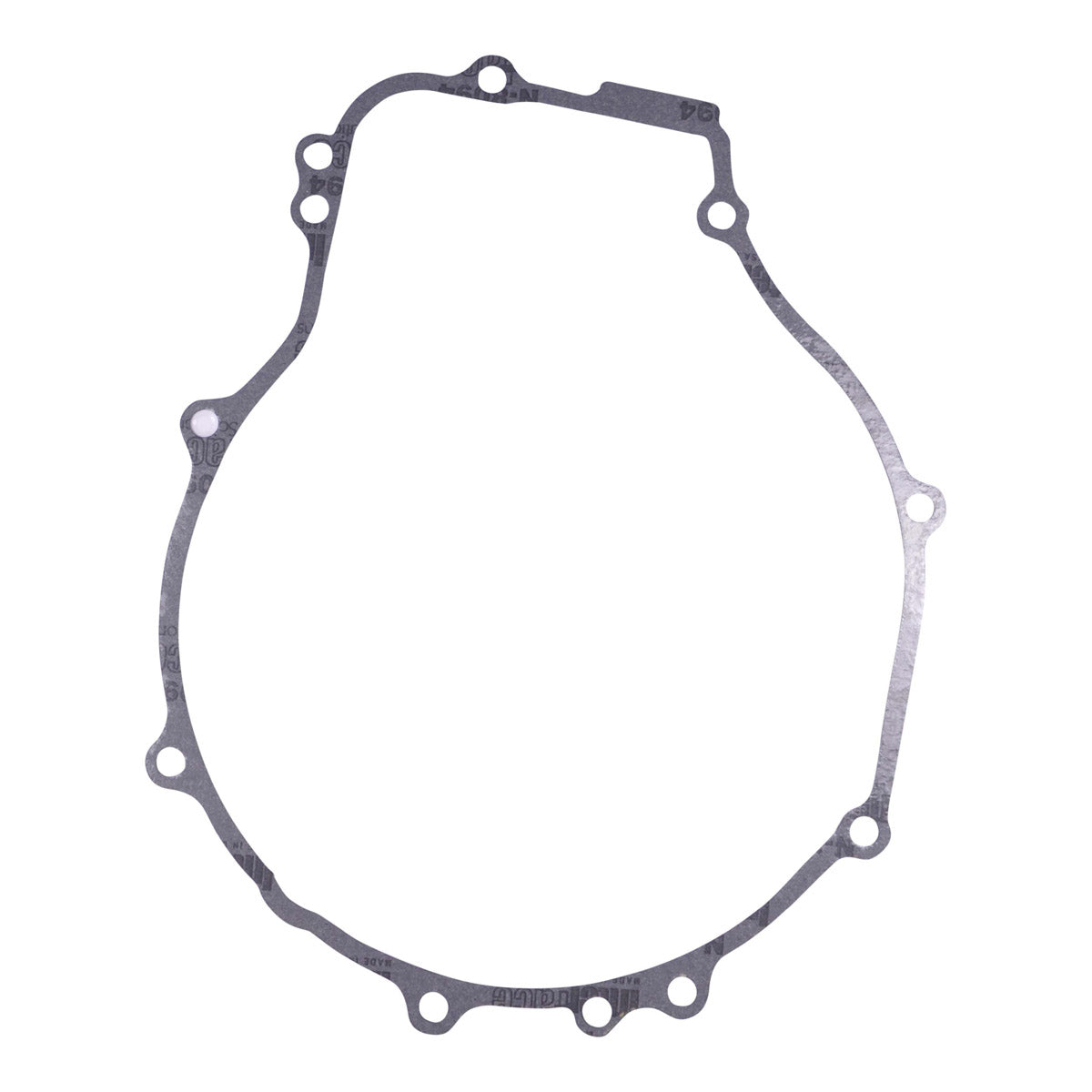 Gray irregularly shaped stator crankcase cover gasket with multiple bolt holes around edges.