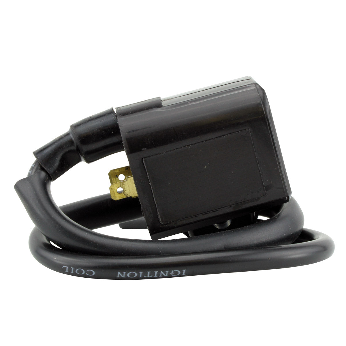 Black rectangular external ignition coil with attached wire and brass connector terminal.