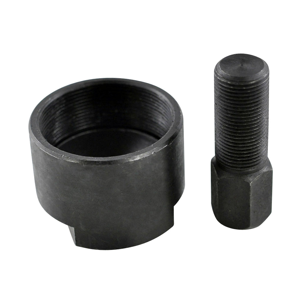 Black metal flywheel puller with 50mm internal diameter and matching hex bolt with left-hand female thread.