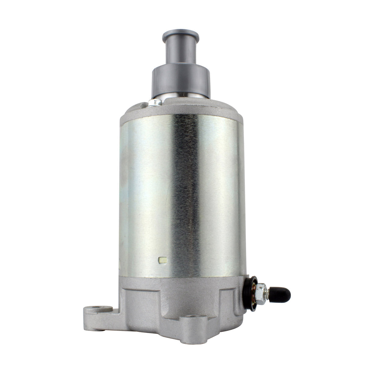 Silver cylindrical motorcycle starter motor with gray mounting base and black electrical connector.