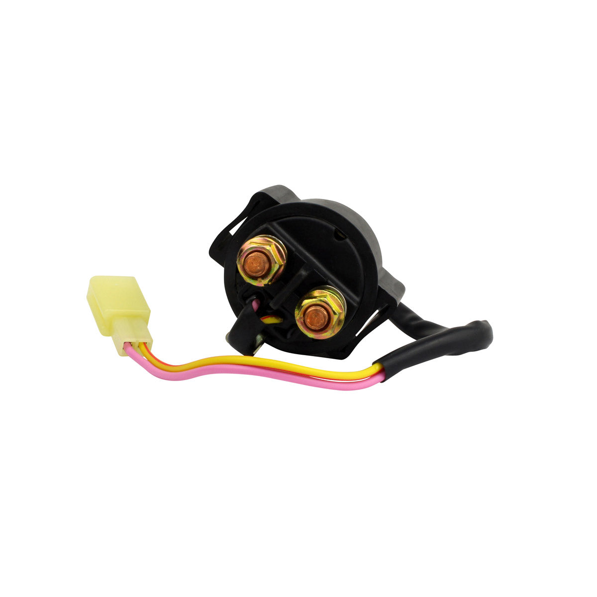 Black cylindrical starter relay solenoid with two copper terminals and a yellow, pink, and black wire harness ending in a.