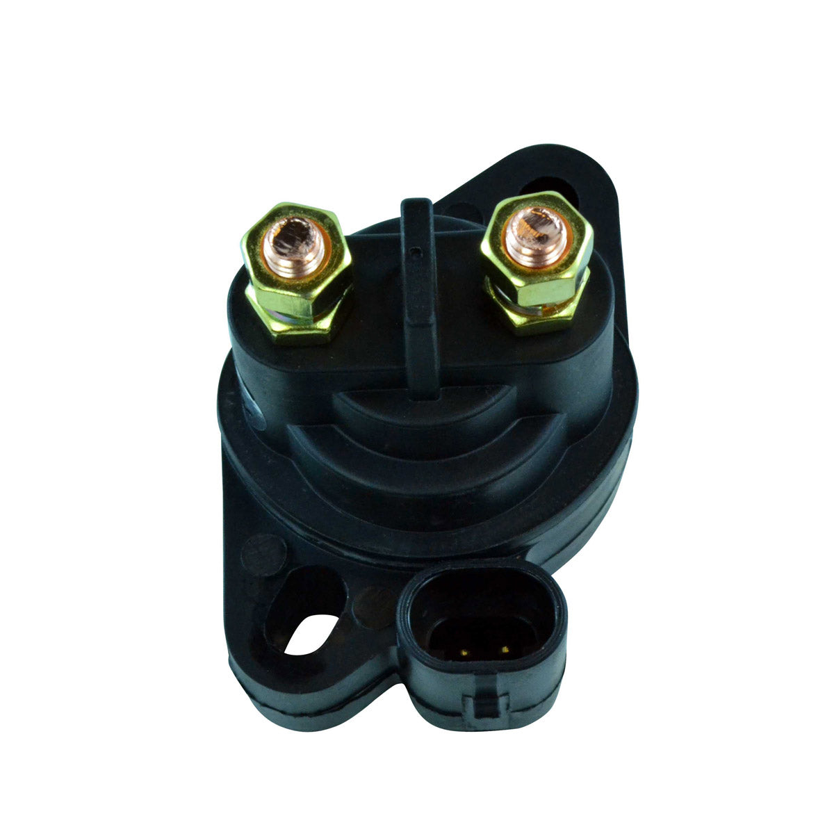 Black cylindrical starter relay solenoid with two brass hex terminals and a black plastic connector port.