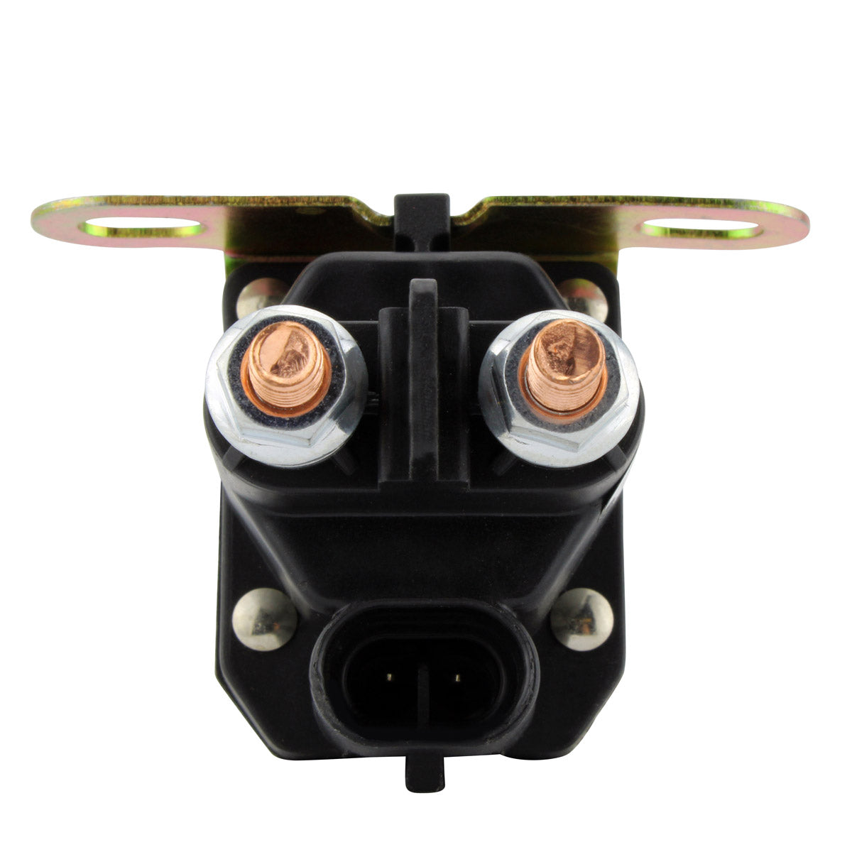 Black plastic starter relay with two copper terminals and a metal mounting bracket.