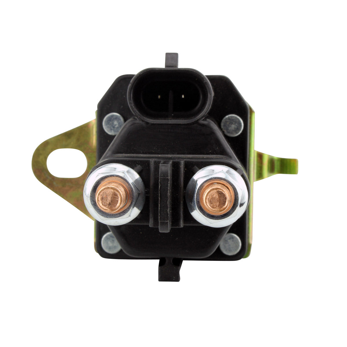 Black plastic motorcycle starter relay with two large copper terminals and one three-pin electrical connector.