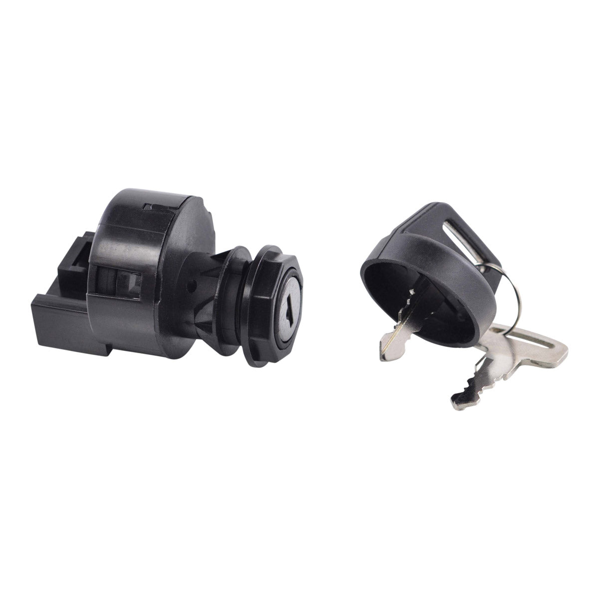 Black cylindrical 4-position ignition key switch with matching black key and silver metal keyring.