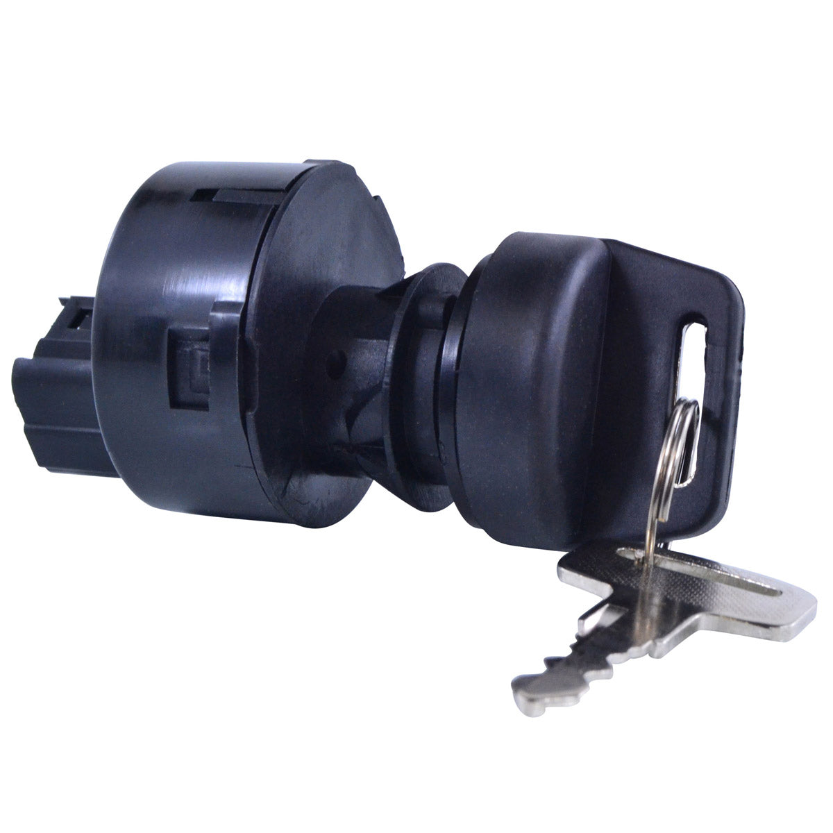 Black cylindrical ignition key switch with attached black key featuring two silver keys on a metal ring.