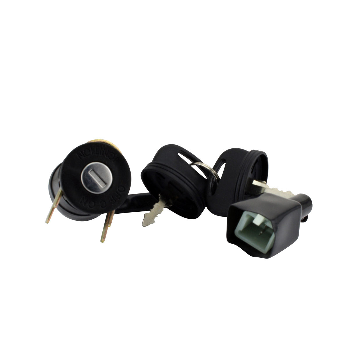 Black cylindrical 2-position ignition key switch with metal key slot and attached wiring connector.
