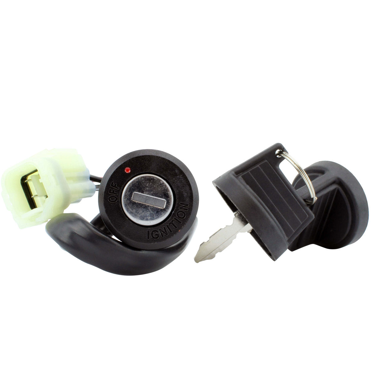 Black cylindrical 2-position ignition key switch with silver key and white electrical connector attached by wire.
