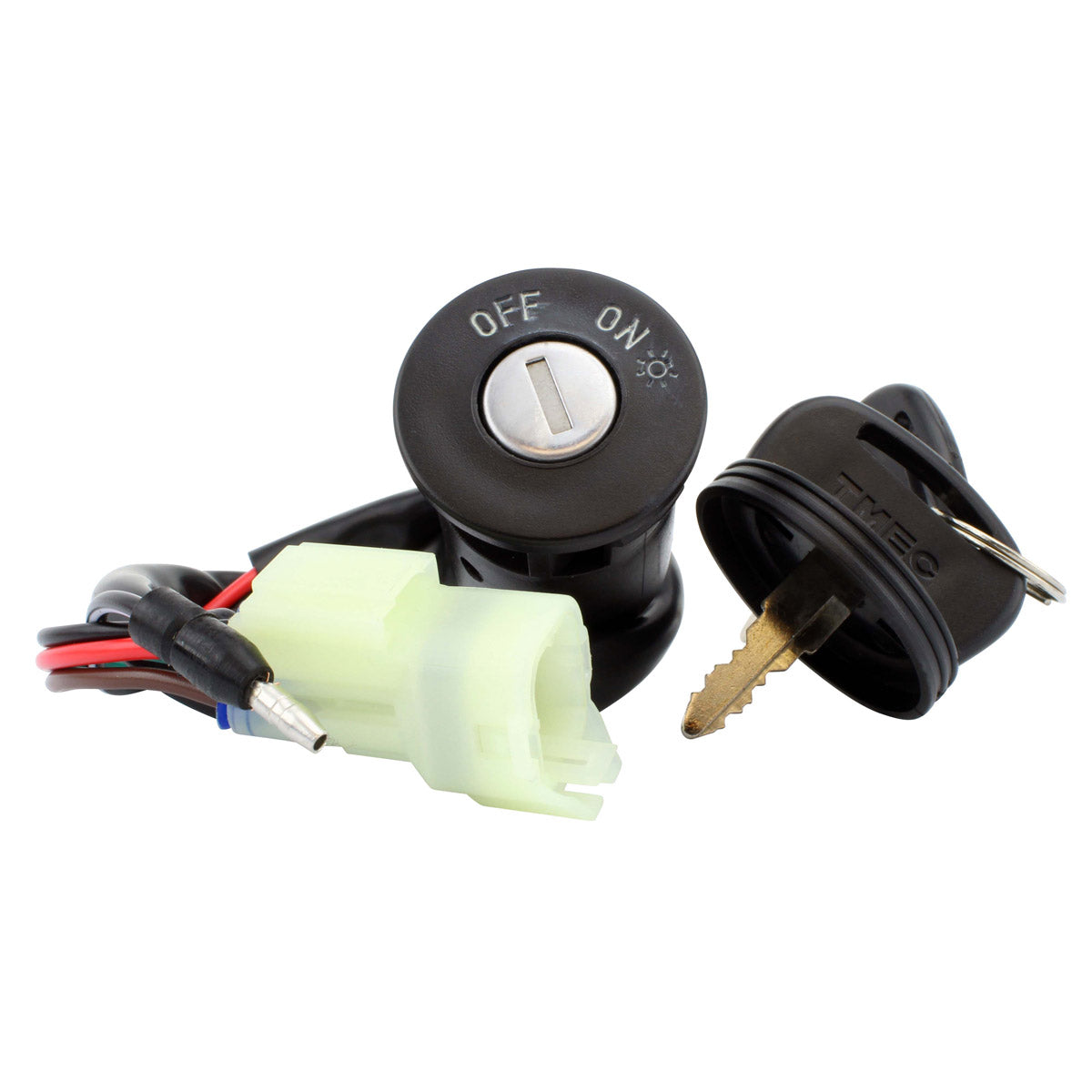 Black 3-position ignition key switch with white key and attached multi-colored wiring harness.