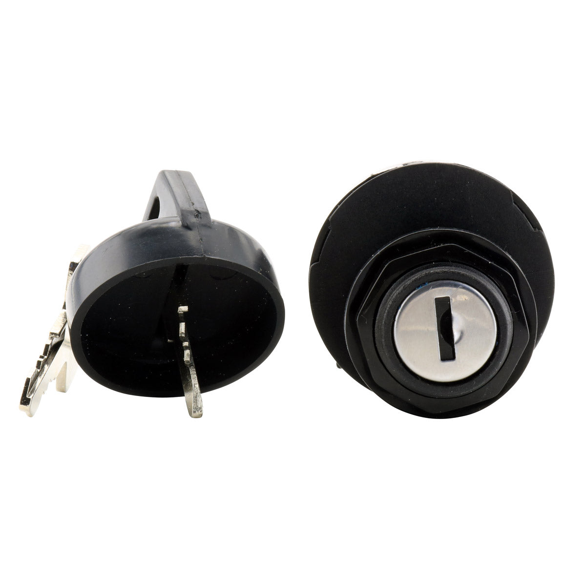 Black cylindrical 3-position key switch with metal key slot and two metal prongs at the base.
