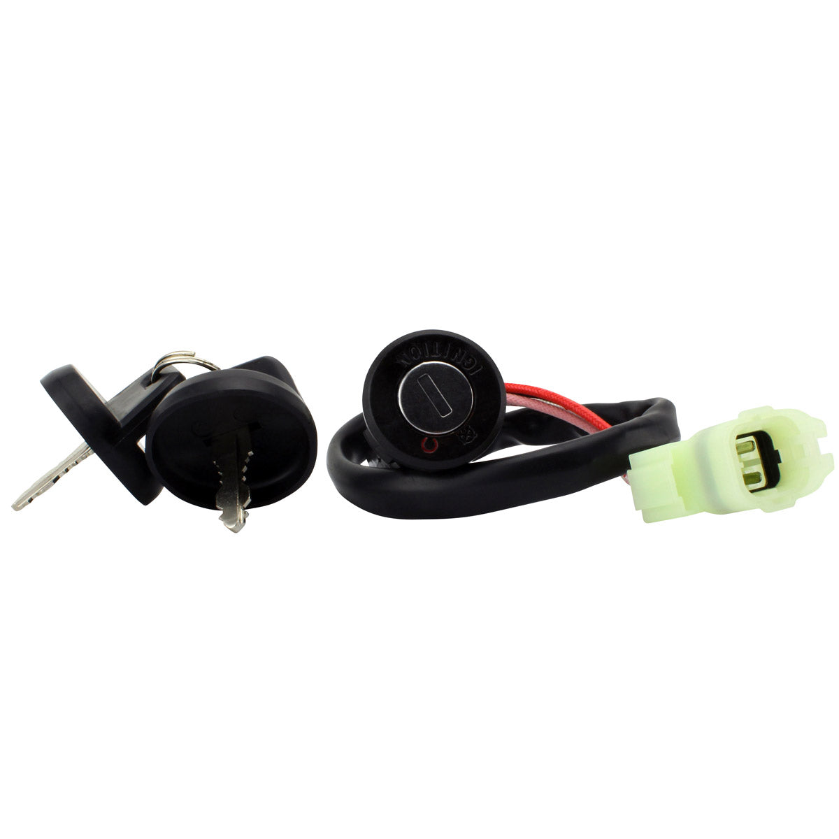 Black 2-position ignition key switch with metal keys and black wiring harness ending in a green plastic connector.