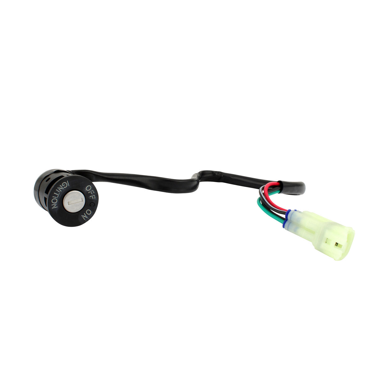 Black cylindrical 2-position ignition key switch with attached wire harness and white plastic connector.