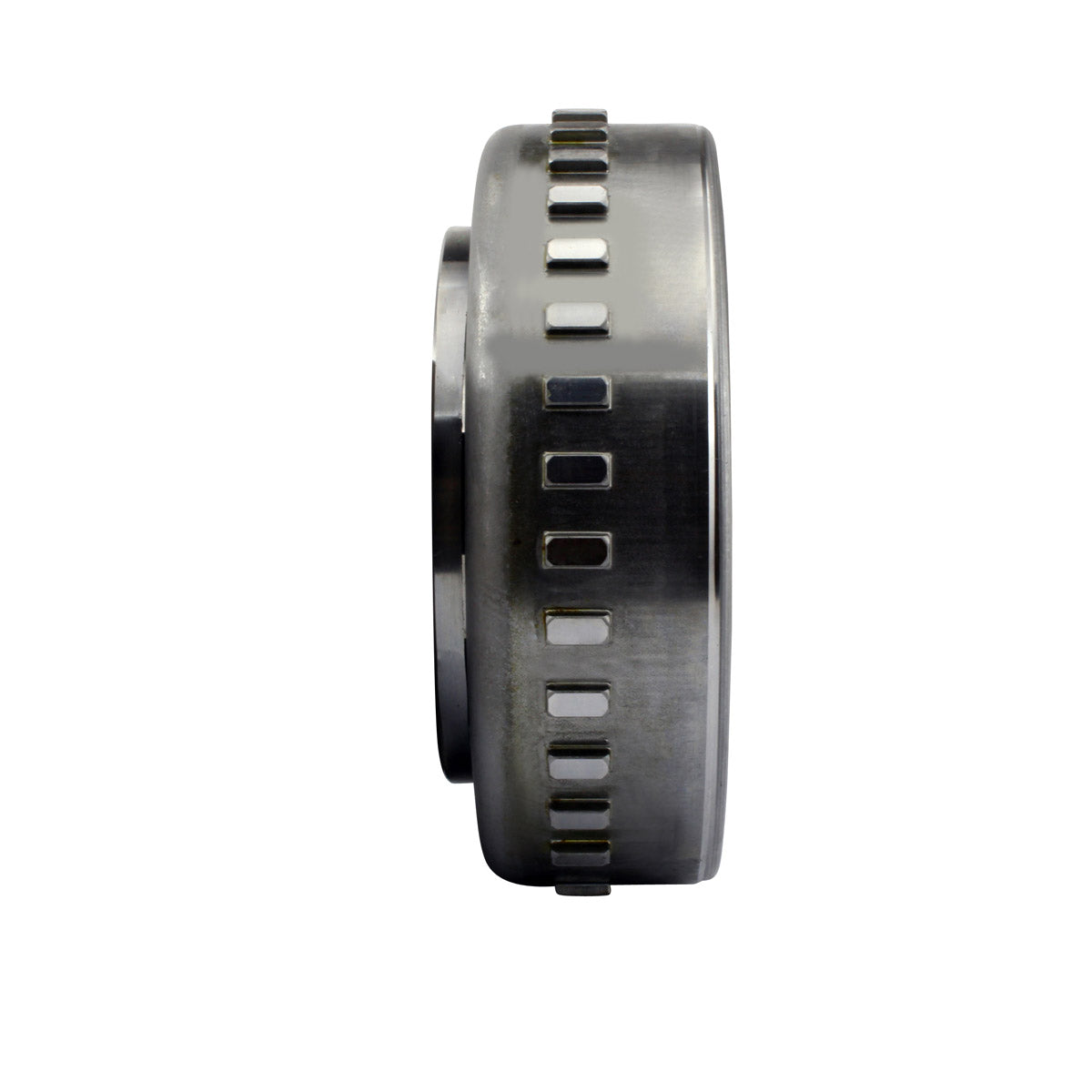 Round metallic flywheel rotor with evenly spaced rectangular slots around its edge, smooth silver finish.