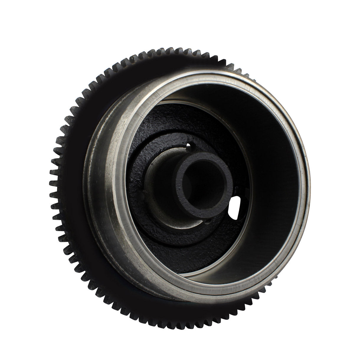 Metal capped magneto flywheel with a black center and outer gear teeth.