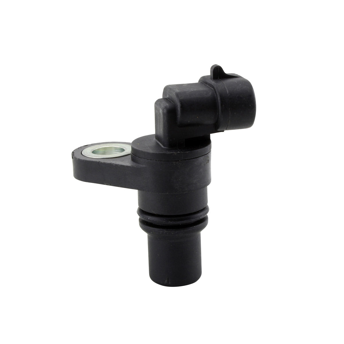 Black plastic cylindrical speed sensor with a mounting hole and right-angle connector for motorcycle use.