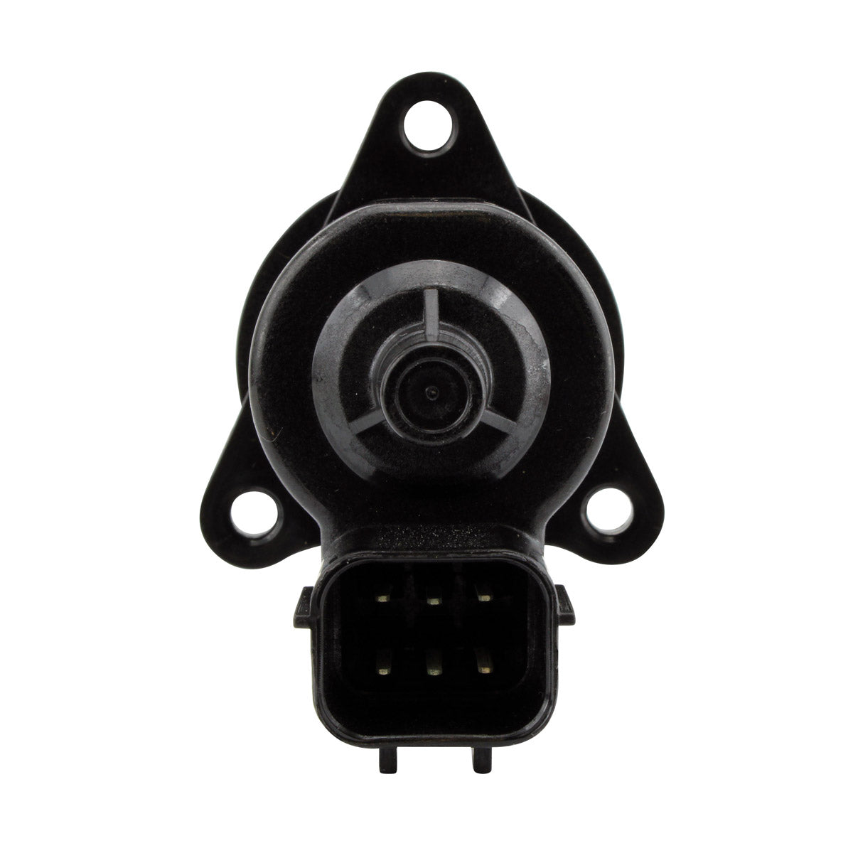 Black cylindrical throttle body stepping motor valve with three mounting holes and a six-pin electrical connector at the.