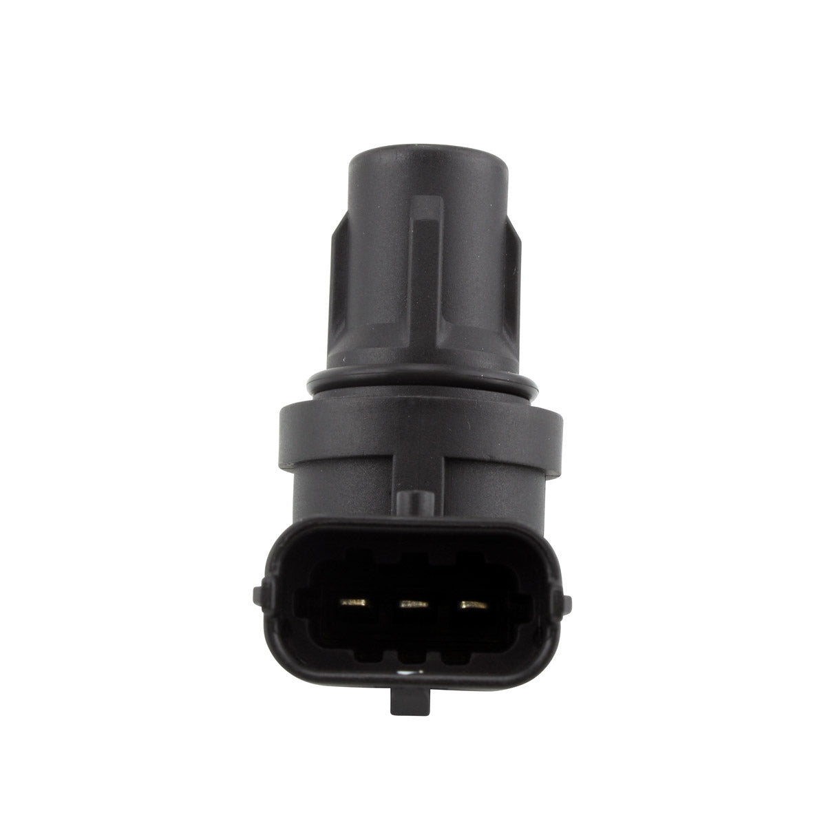 Black plastic camshaft position sensor with four metal electrical connectors and cylindrical body.