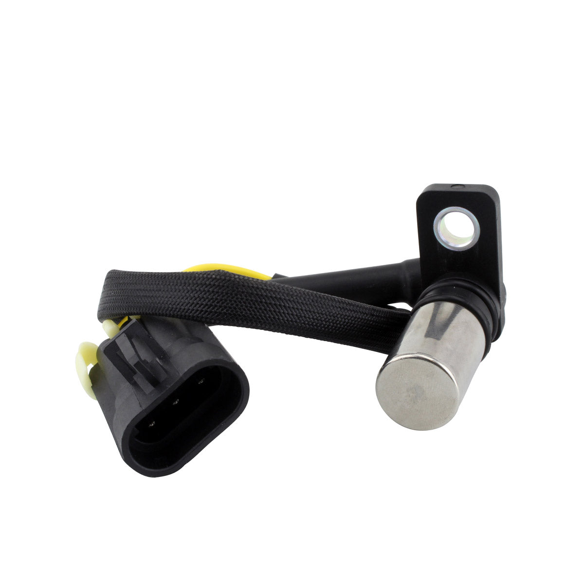 Black crank position sensor with cylindrical metal tip and attached black wiring harness with yellow connector.