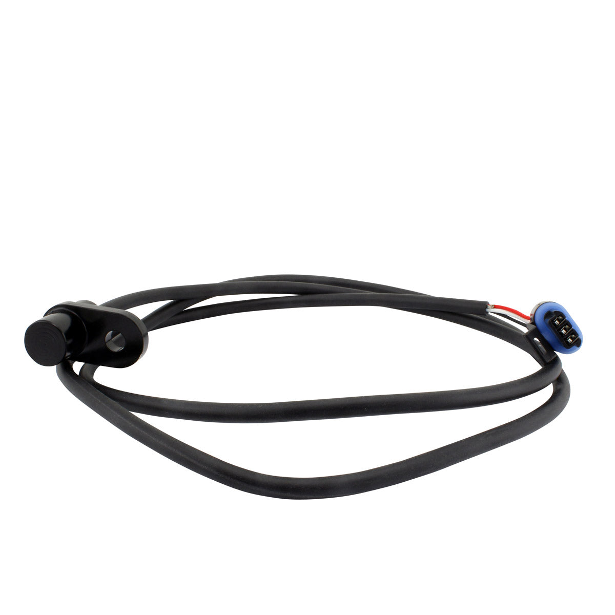 Black Hall Effect sensor with cylindrical housing connected to a flexible black cable ending in a blue electrical connector.