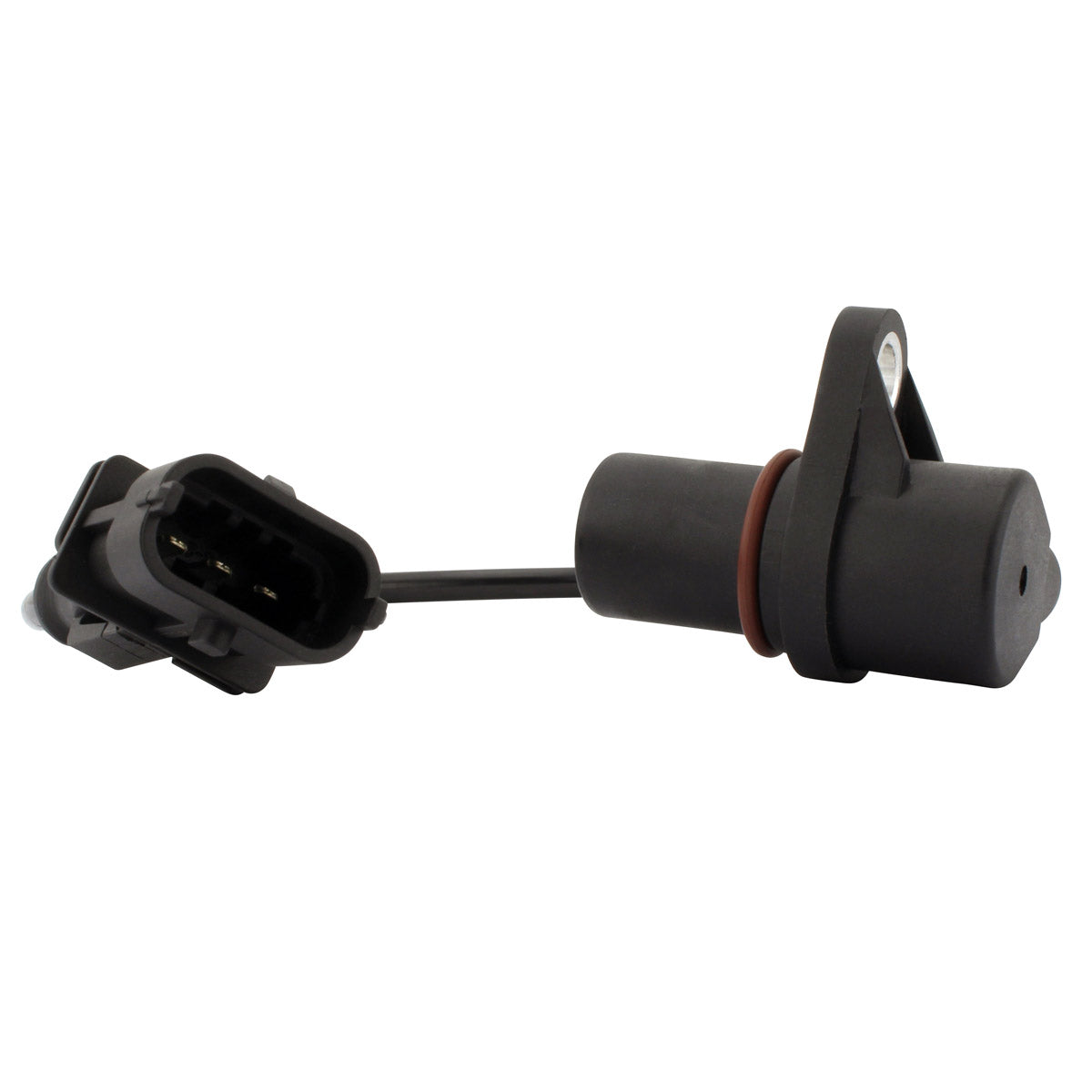 Black cylindrical crank position sensor with attached wire and three-pin connector plug.