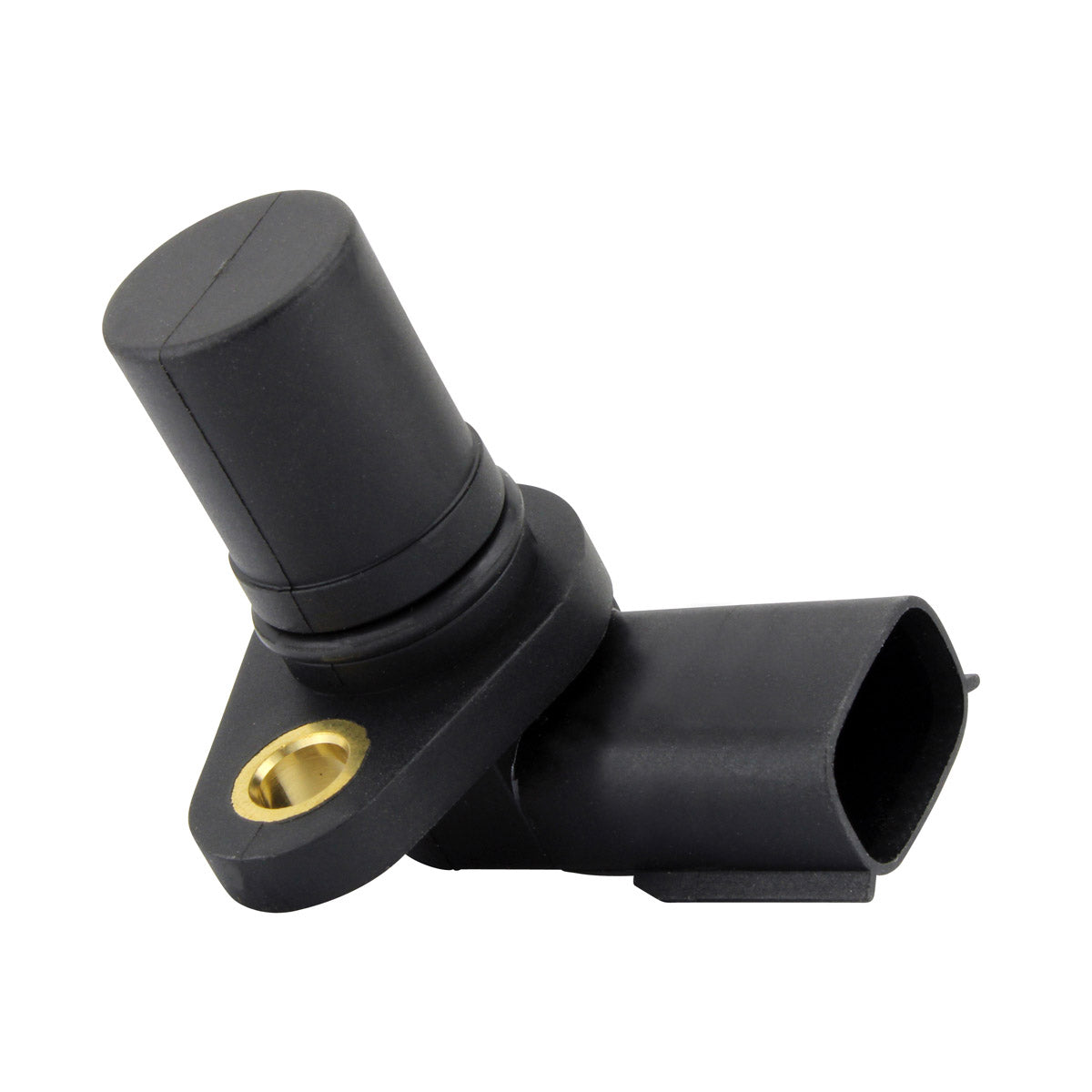Black cylindrical motorcycle speed sensor with a right-angle connector and a brass mounting hole.