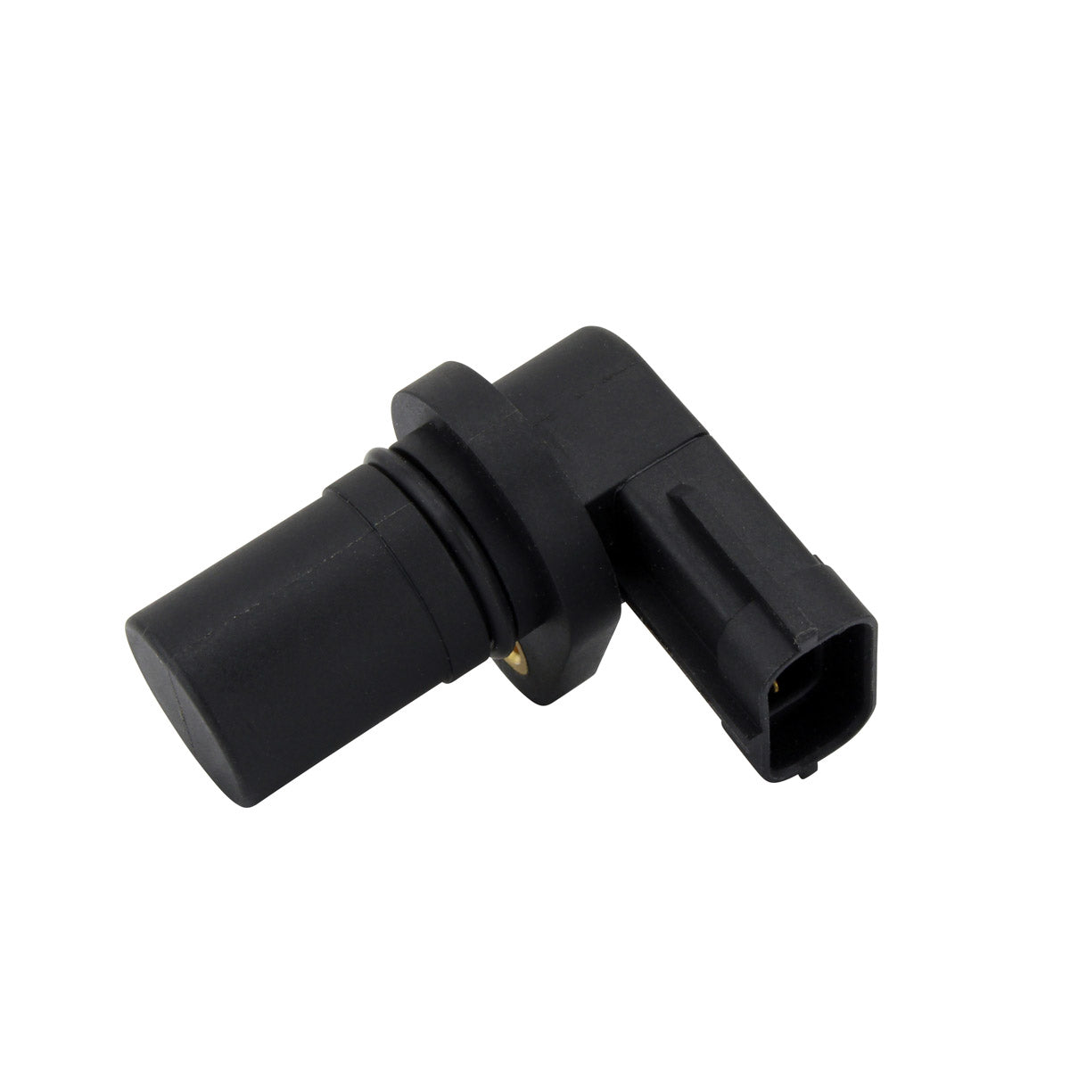 Black cylindrical motorcycle speed sensor with angled rectangular connector and mounting flange.