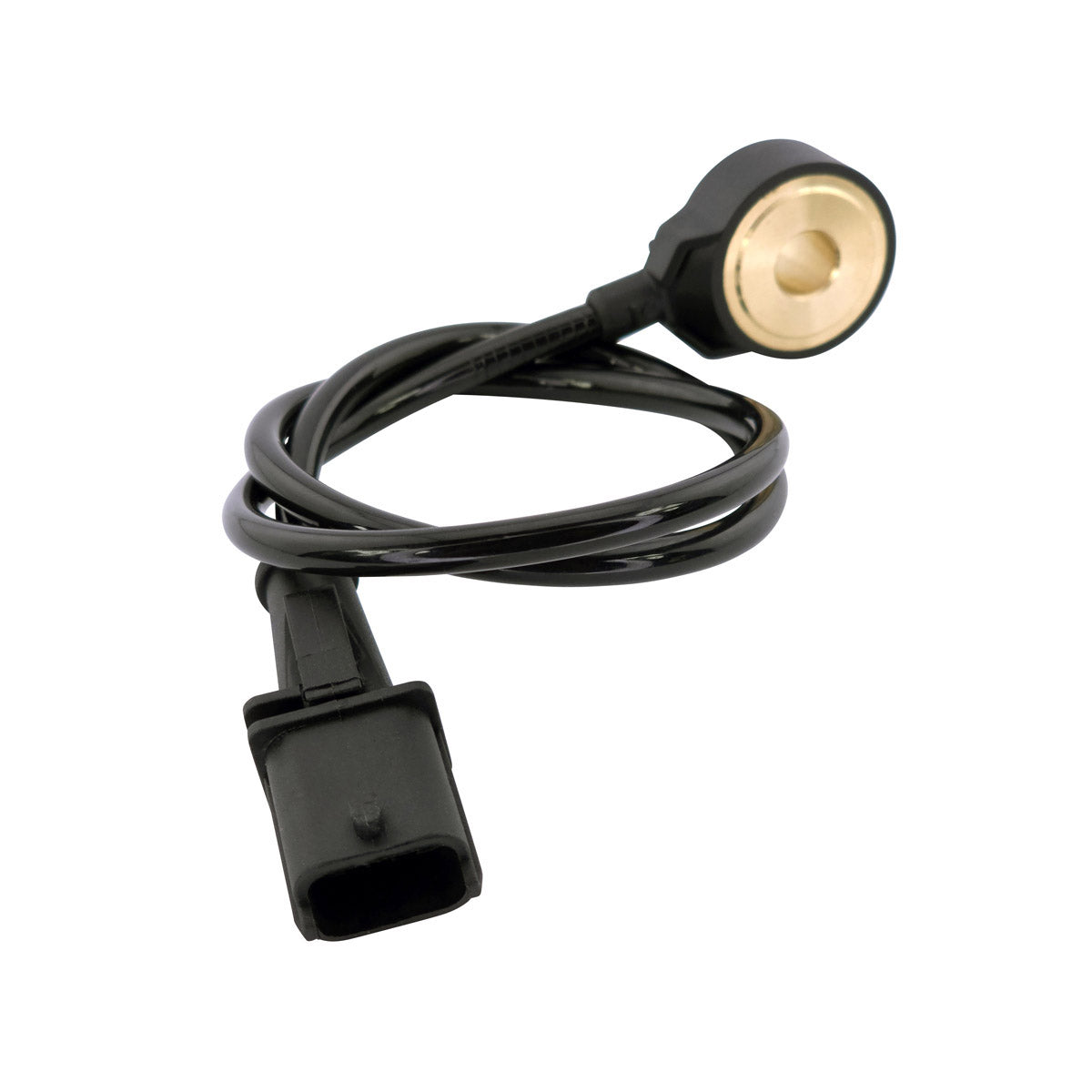 Black wire cable with a round metallic brass sensor head and rectangular black plastic connector plug.