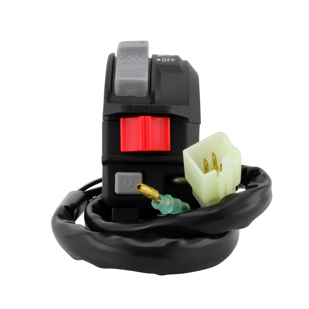 Black motorcycle handlebar switch with red button, gray toggle, and black wiring harness with connectors.