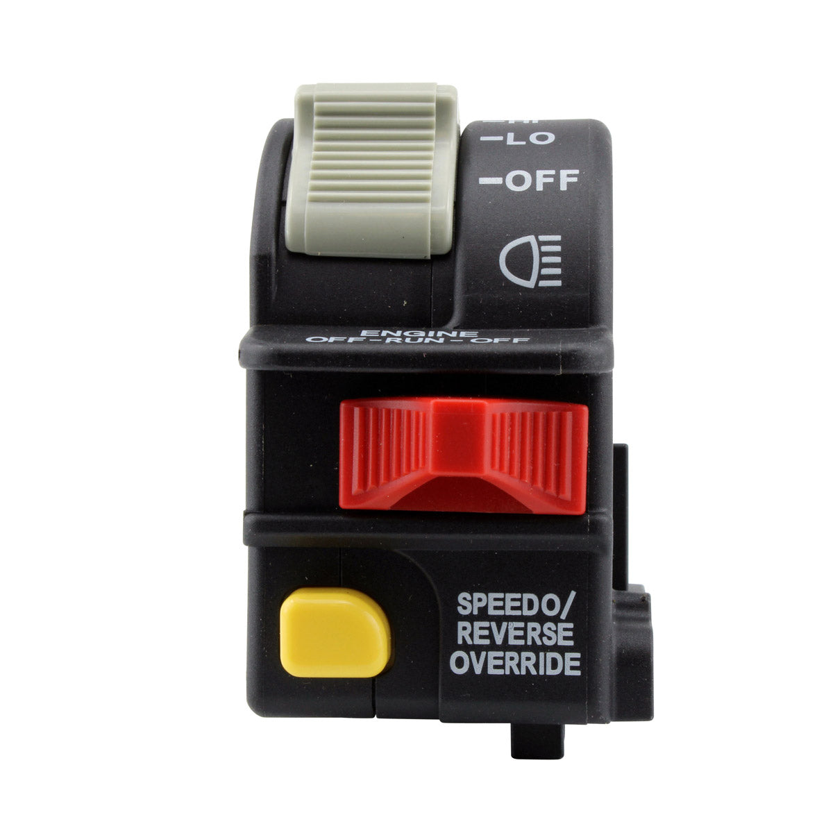 Black motorcycle handlebar switch with white toggle, red slider, and yellow button labeled "Speedo/Reverse Override".