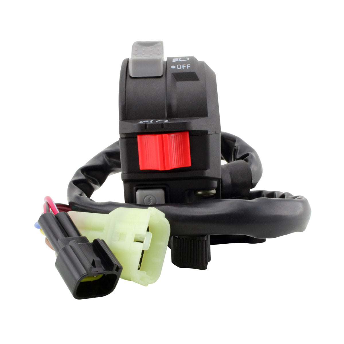 Black plastic motorcycle handlebar switch with gray and red buttons and attached wiring harness with green and black.