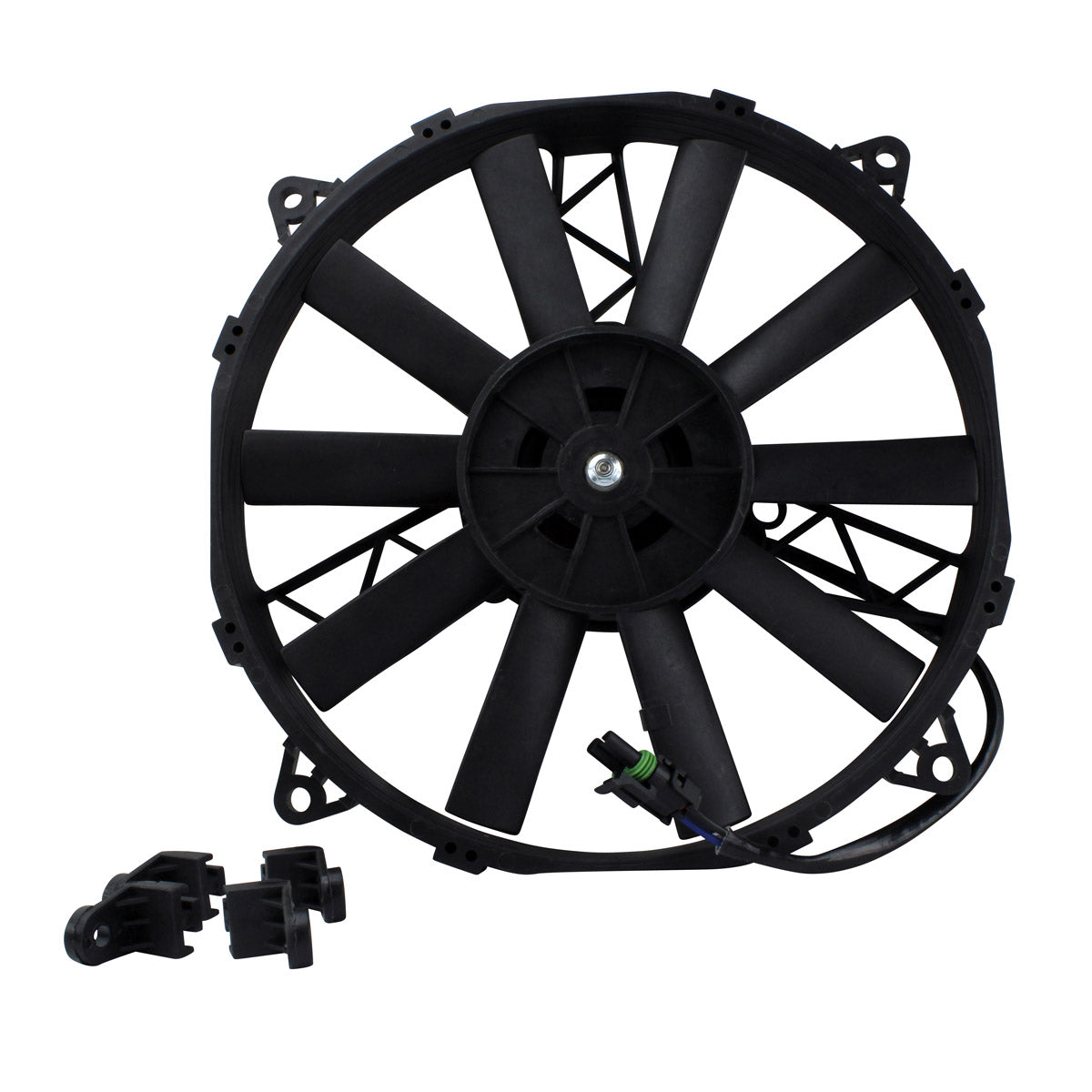Black heavy-duty motorcycle radiator cooling fan with eight blades and mounting clips, featuring electrical wiring.