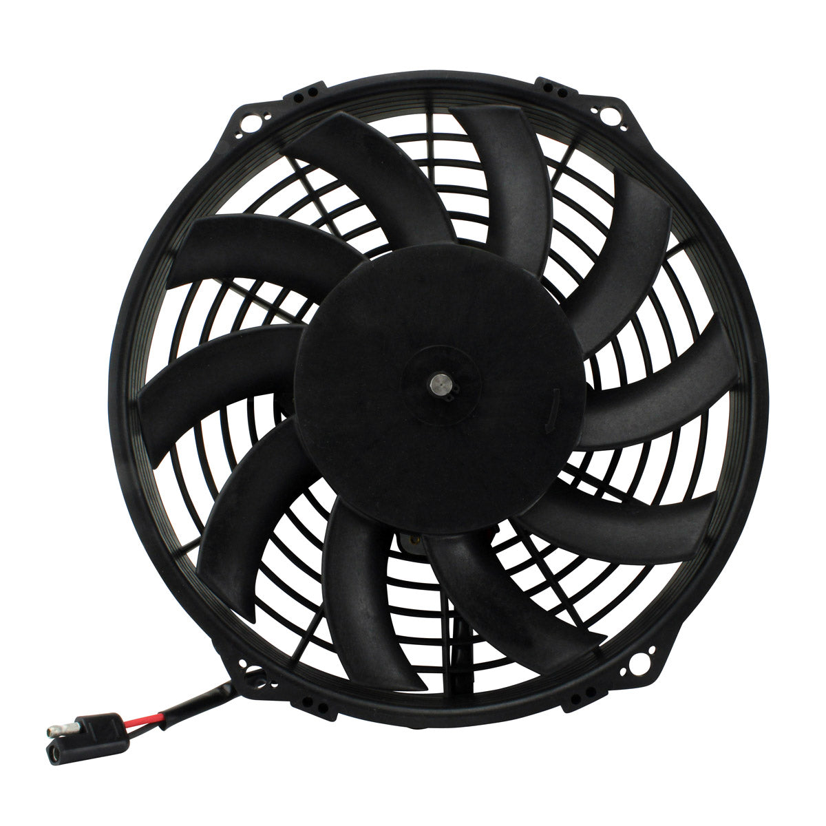 Black circular radiator cooling fan with nine curved blades and central motor hub, fitted with a wiring connector.