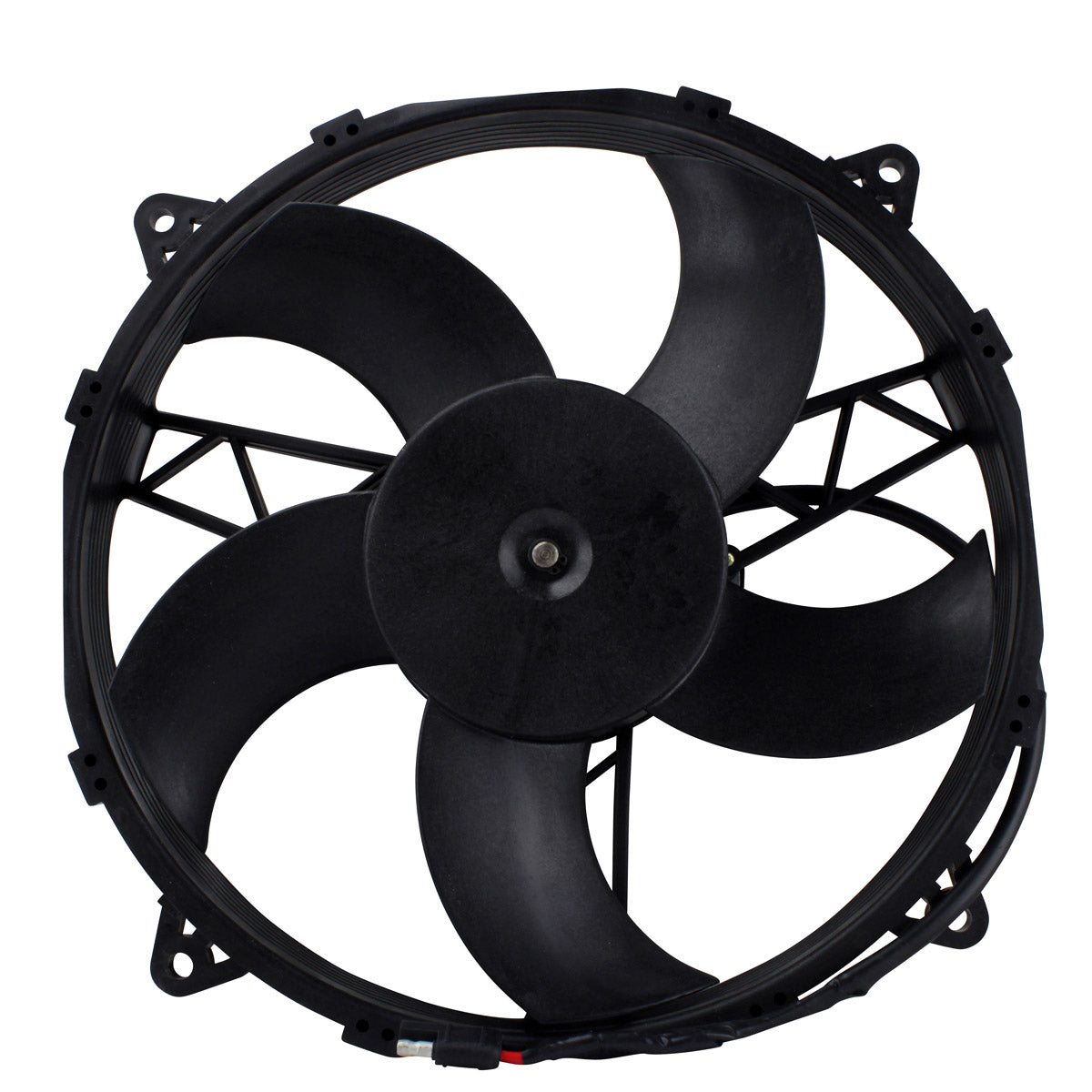 Black heavy-duty radiator cooling fan with five curved blades and circular mounting frame.