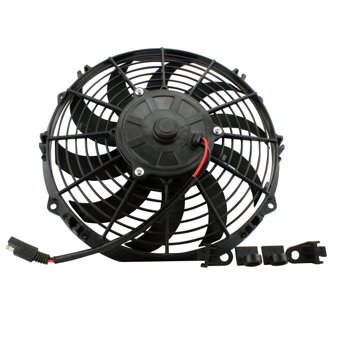 Black circular electric fan with curved blades, attached wiring harness, and mounting clips for motorcycles.