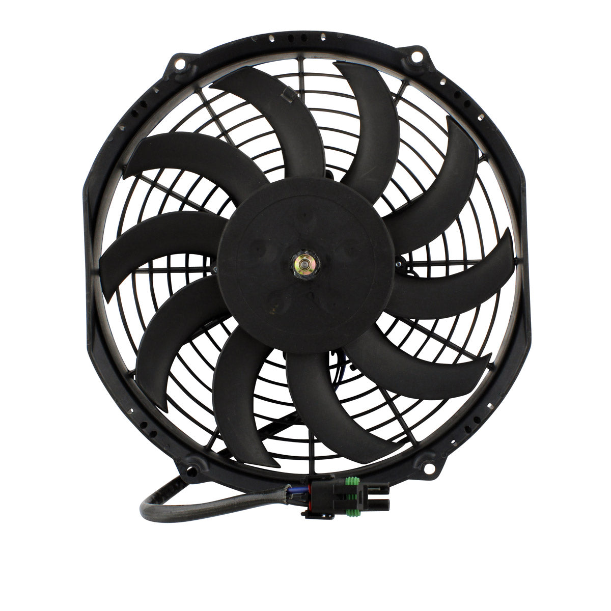 Black circular motorcycle cooling fan with nine curved blades and protective grille.