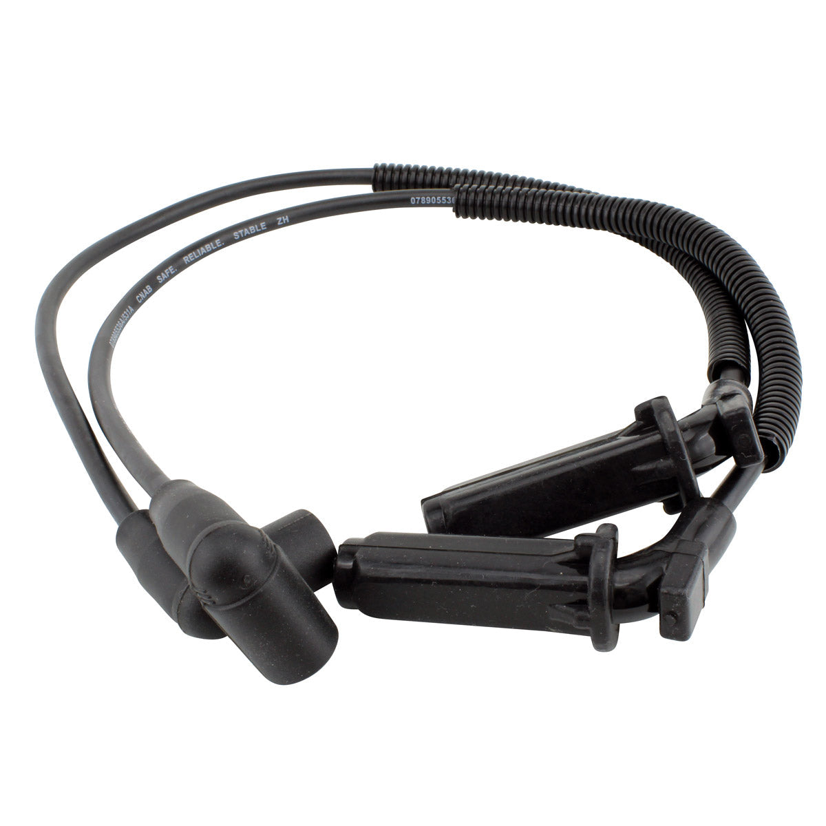 Black rubber spark plug caps connected by flexible insulated wires with protective sleeves, designed for motorcycles.