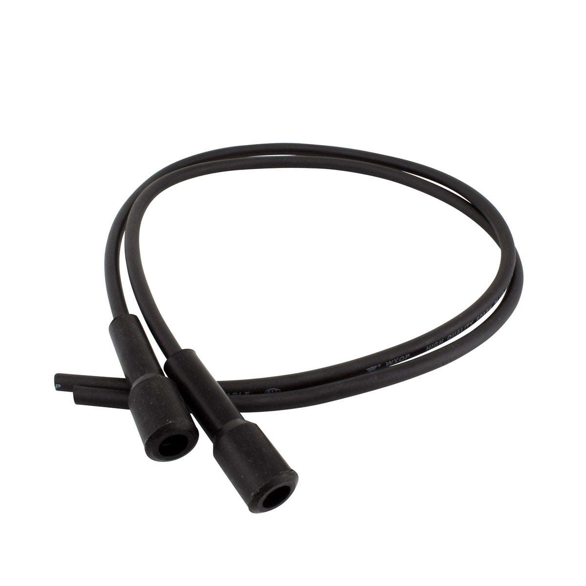 Black rubber spark plug cap with attached flexible cable for motorcycle ignition system.