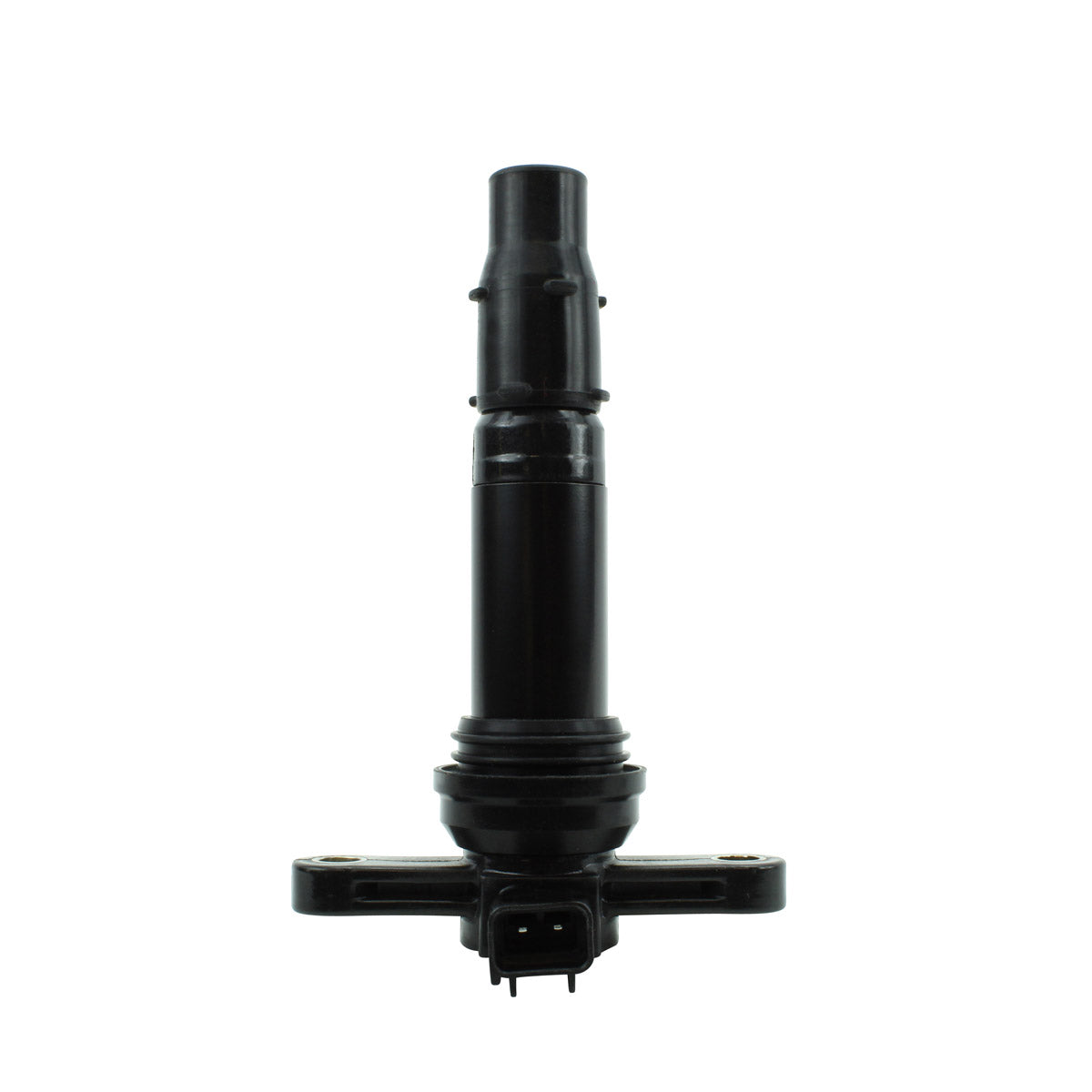 Black cylindrical motorcycle ignition coil with rubber boot and electrical connector at base.