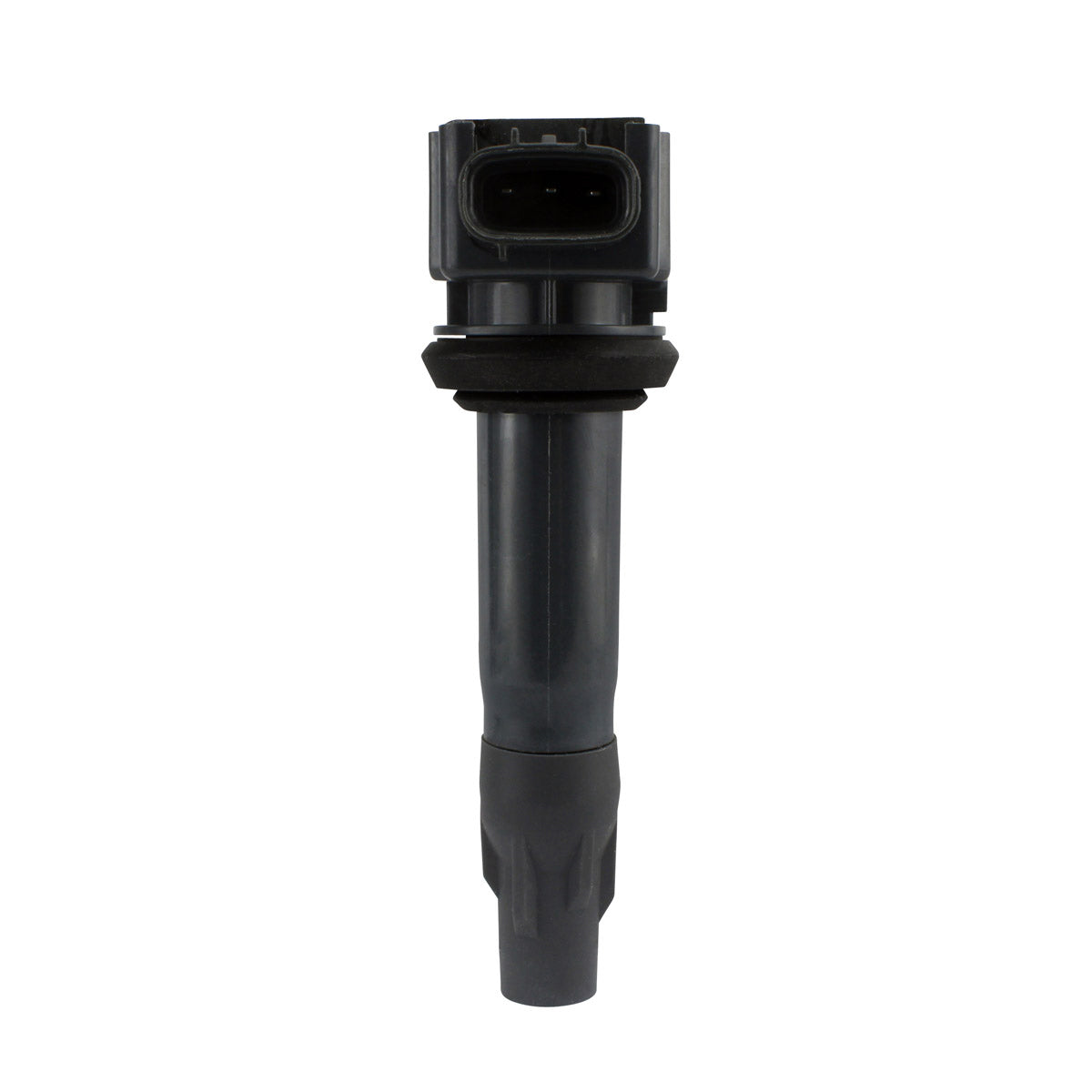 Black cylindrical ignition stick coil with a rectangular connector at the top and rubberized insulation at the bottom.