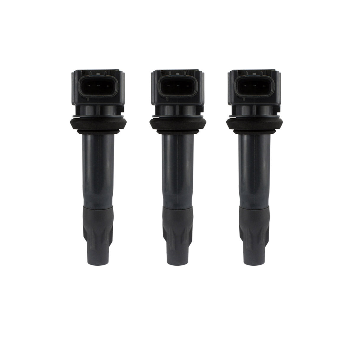 Three black ignition stick coils with rectangular connectors and cylindrical rubber sleeves arranged vertically.