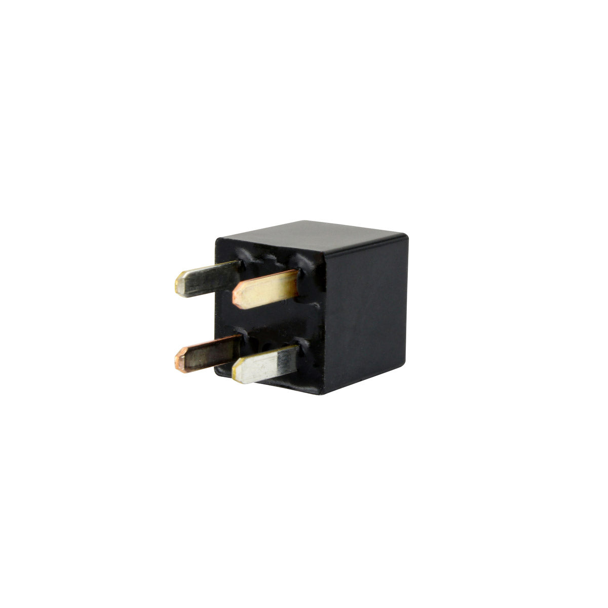 Black rectangular electrical relay with four metal prongs extending from one side.