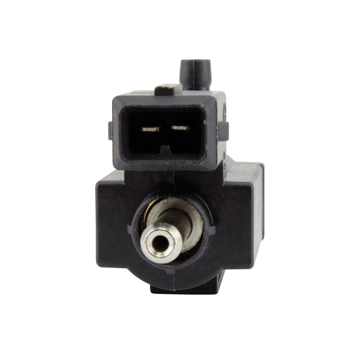 Black rectangular solenoid valve with metal nozzle and two-pin electrical connector on top.