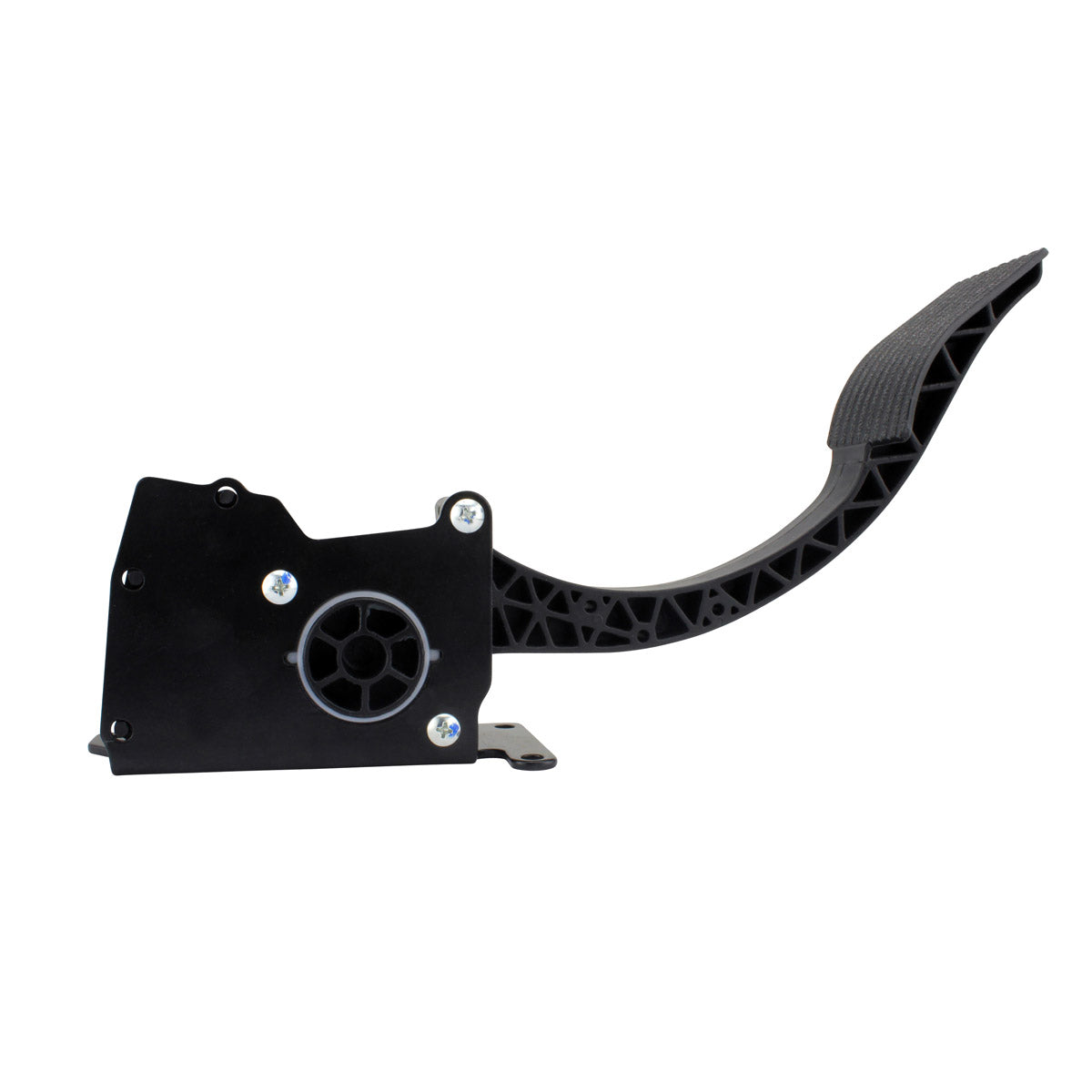 Black plastic motorcycle throttle pedal with curved lever and mounting holes.