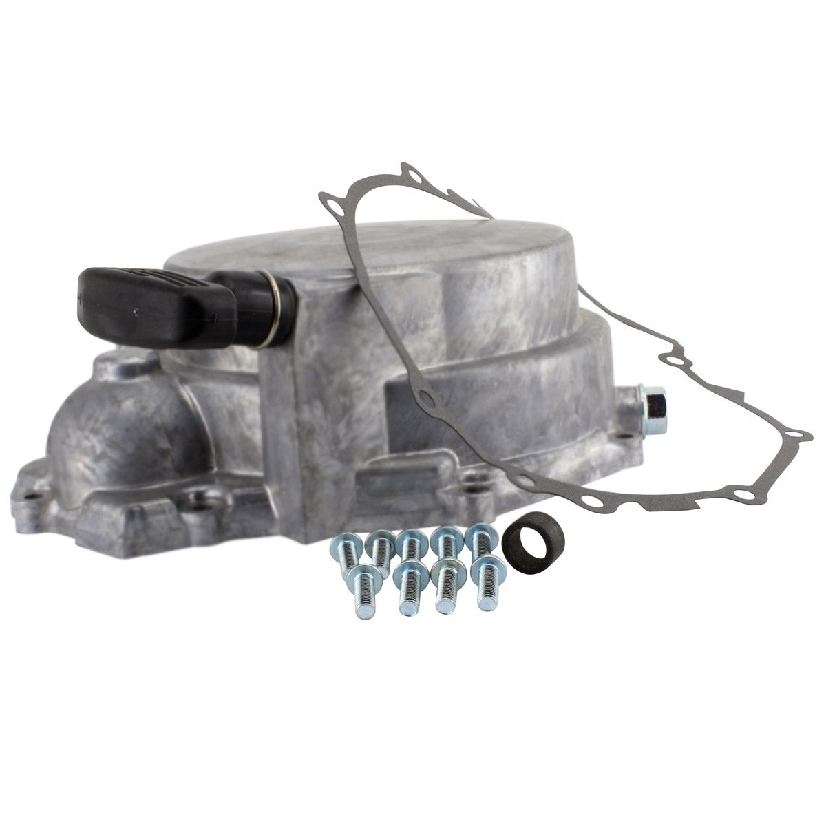 Metallic silver motorcycle recoil housing with attached black pull handle, gasket, screws, and black seal ring.