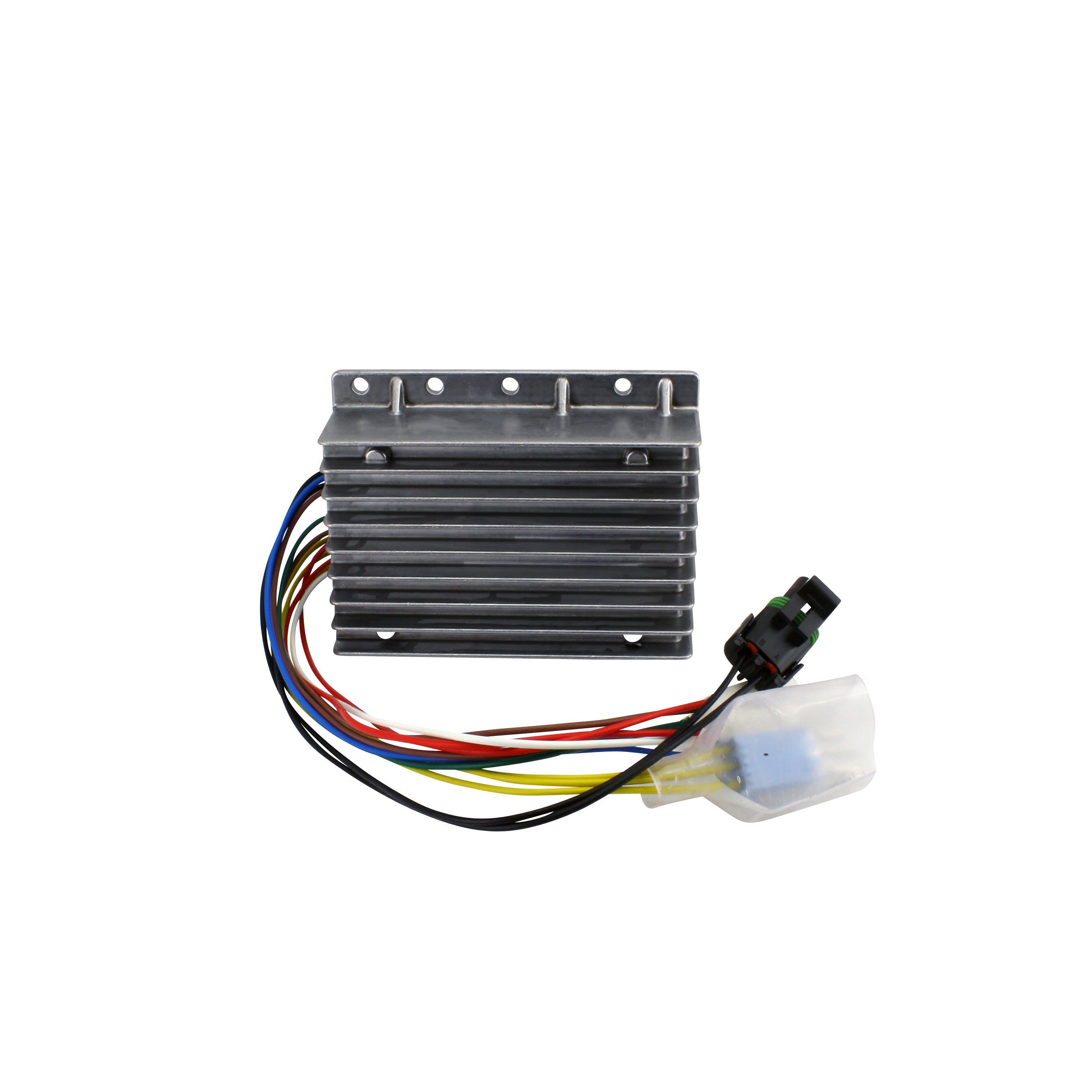 Rectangular silver aluminum electronic control module with black cooling fins and multicolored wires ending in black and.