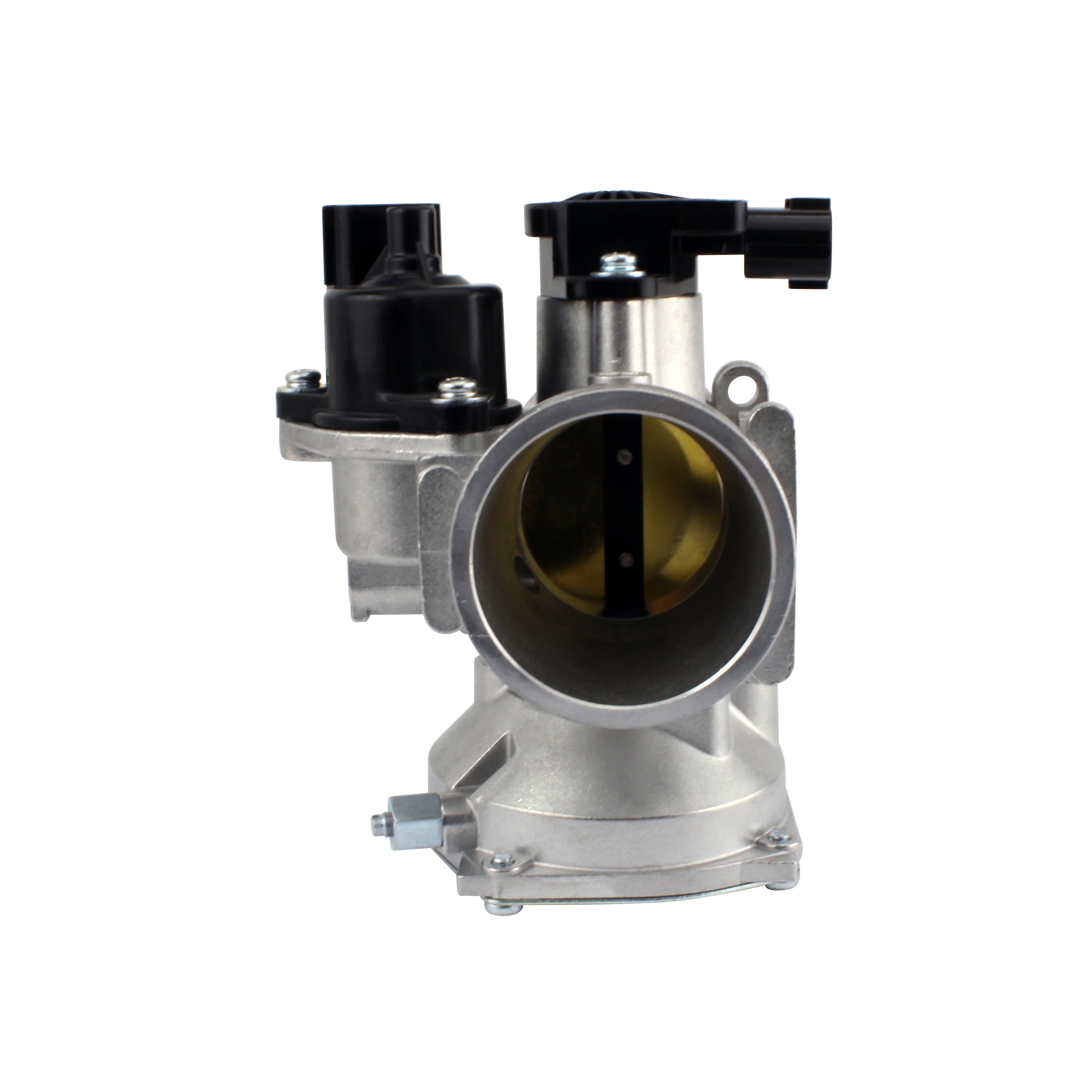 Silver aluminum throttle body assembly with black sensor attachment and circular throttle valve opening.