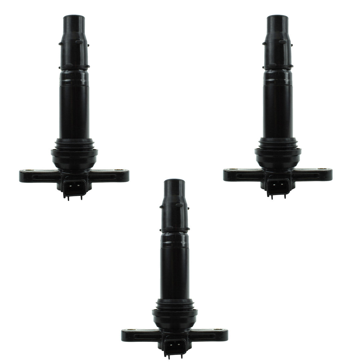 Set of three black cylindrical motorcycle ignition coils with rubber connectors and mounting brackets.